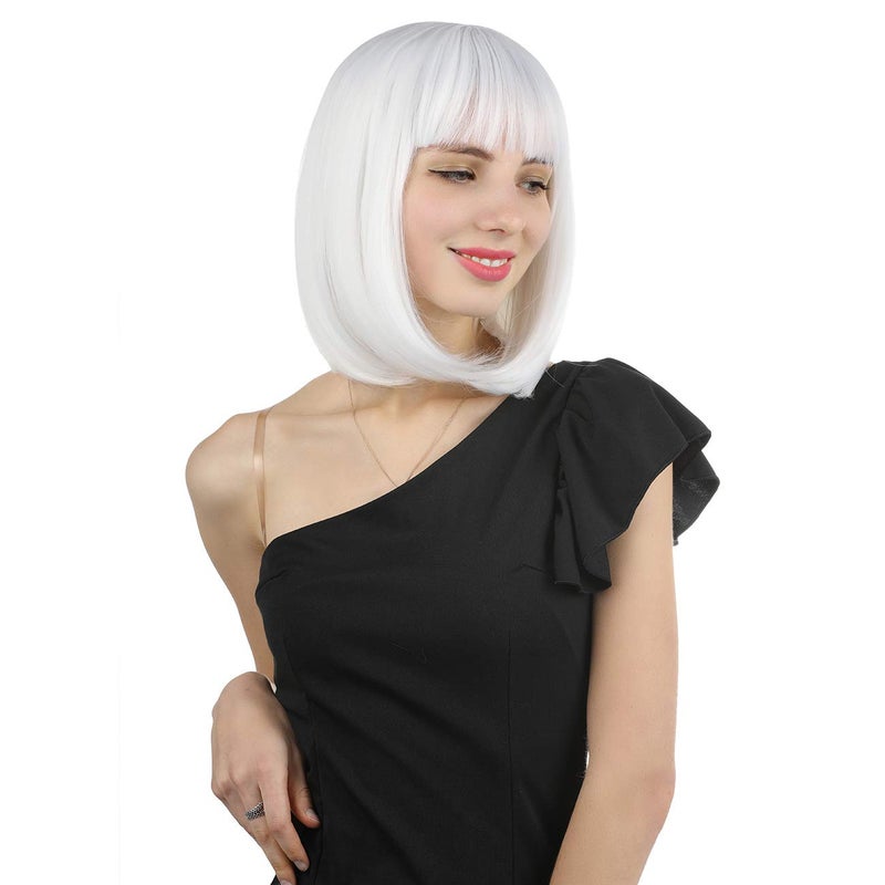 eNilecor Short Bob Hair Wigs 12" Straight with Flat Bangs Synthetic Colorful Cosplay Daily Party Wig for Women Natural As Real Hair+ Free Wig Cap (White) - Image 3